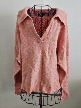 J. Crew Relaxed Collar V Neck  Wool Light Weight Pull Over Sweater Coral Size XL